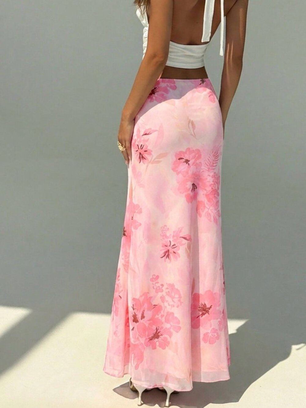 Baby Pink Boho Women's Floral Print Low Waist Fishtail Hem Skirt - Picture 4 of 7